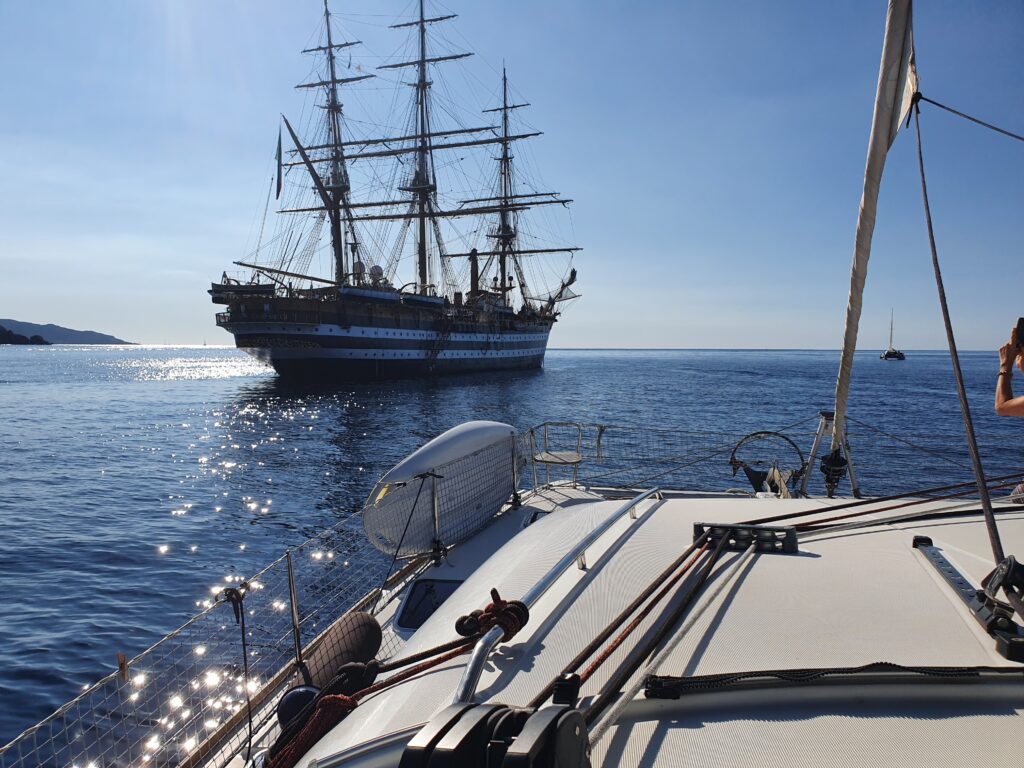 Sail Ship Amerigo Vespucci seen from Catamaran Mysailcruise at Elba Isle