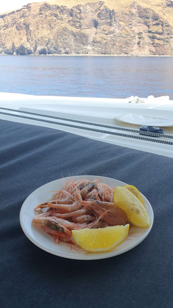 Gambero rosso di Marsala freschissimo, icona della cucina siciliana, pronto per essere preparato a bordo della barca a vela.