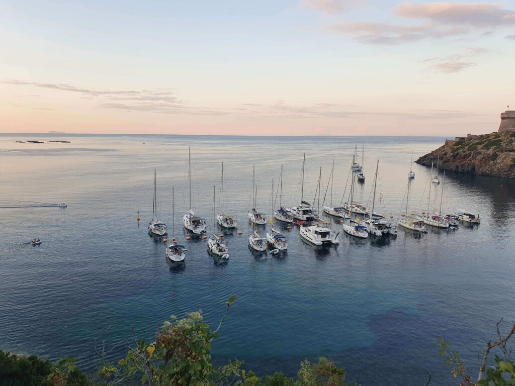 Barche a vela e catamarani ancorati in rada in una baia cristallina dell'Isola d'Elba, simbolo di relax e libertà per una crociera.