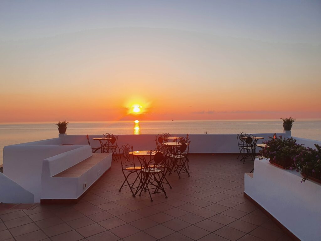 Panoramic sunset from Salina terrace. Aeolian Islands beauty with MySailCruise.