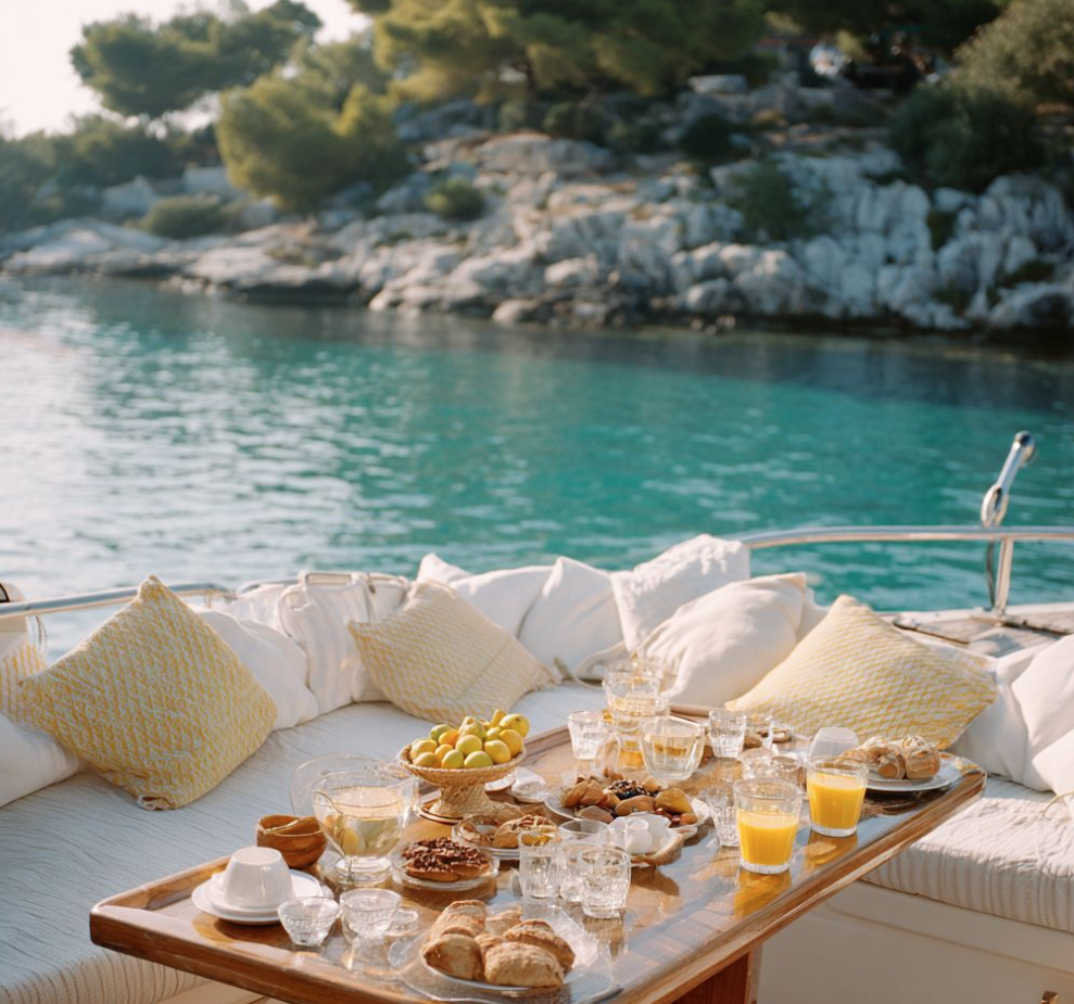 Gourmet breakfast on board a luxury catamaran