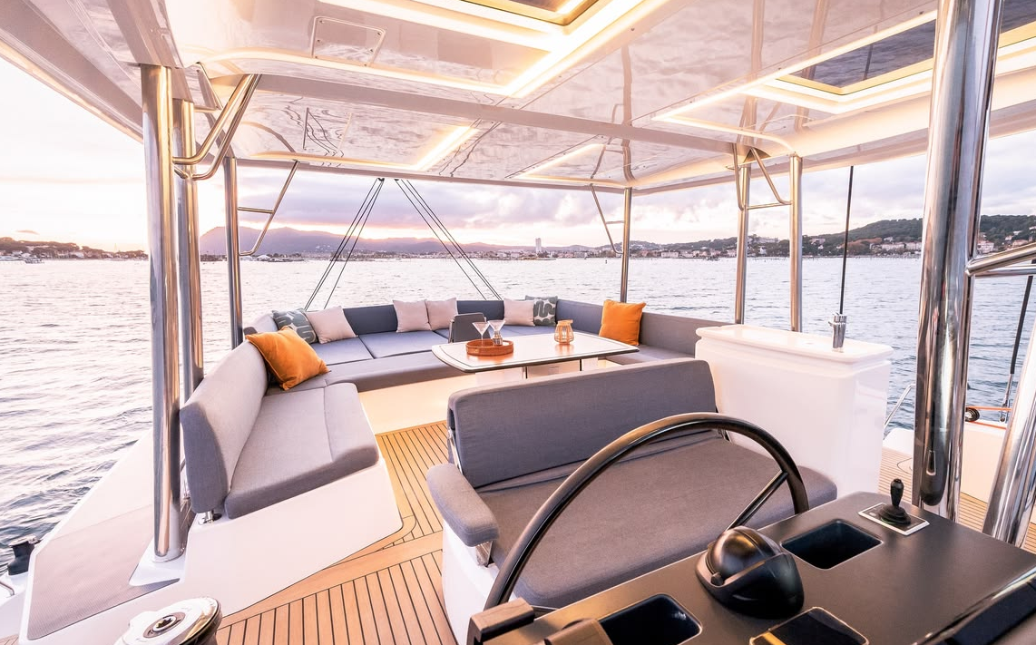 BALI catamaran flybridge lounge with panoramic sea views – MySailCruise