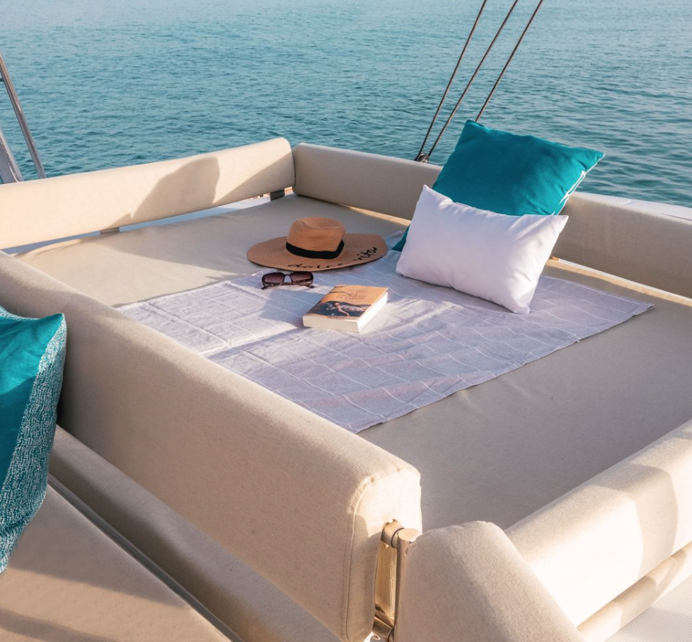 Relaxation area on a BALI catamaran overlooking the sea – MySailCruise
